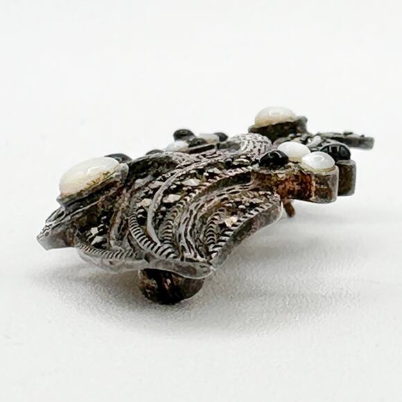 Art Nouveau Style 925 Sterling Silver Marcasite Brooch w Onyx Moonstone Details - Picture 5 of 12